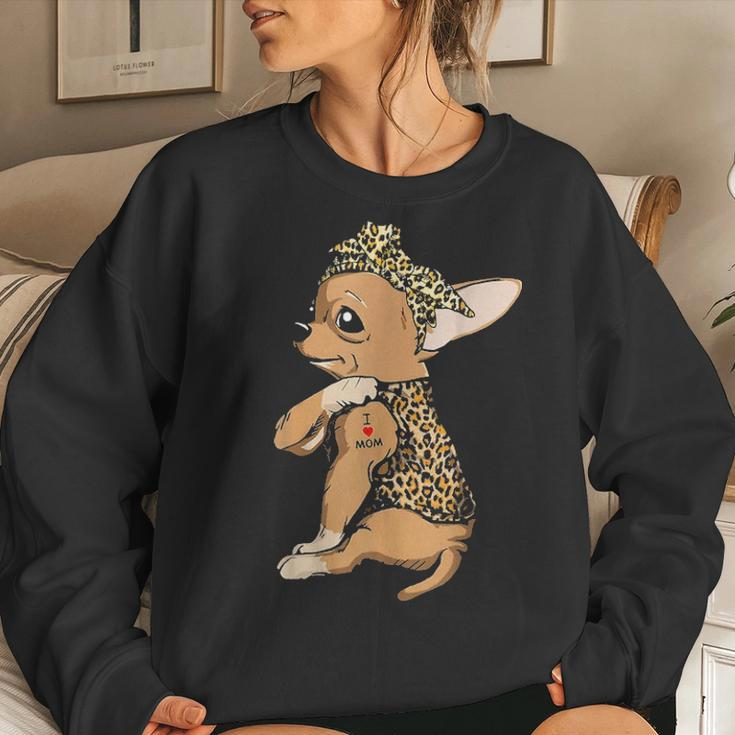 I Love Mom Tattoo Funny Chihuahua Dog With Bandana Women Crewneck Graphic Sweatshirt Gifts for Her