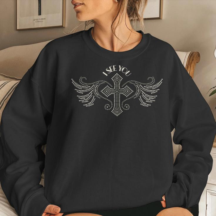 I See You With Dotted Cross And Wings Custom Graphic  Gift For Womens Women Crewneck Graphic Sweatshirt Gifts for Her