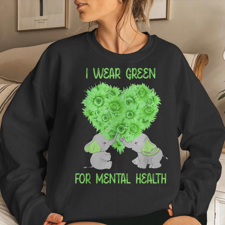 I Wear Green For Mental Health Awareness Elephant Sunflower Women Crewneck Graphic Sweatshirt Gifts for Her