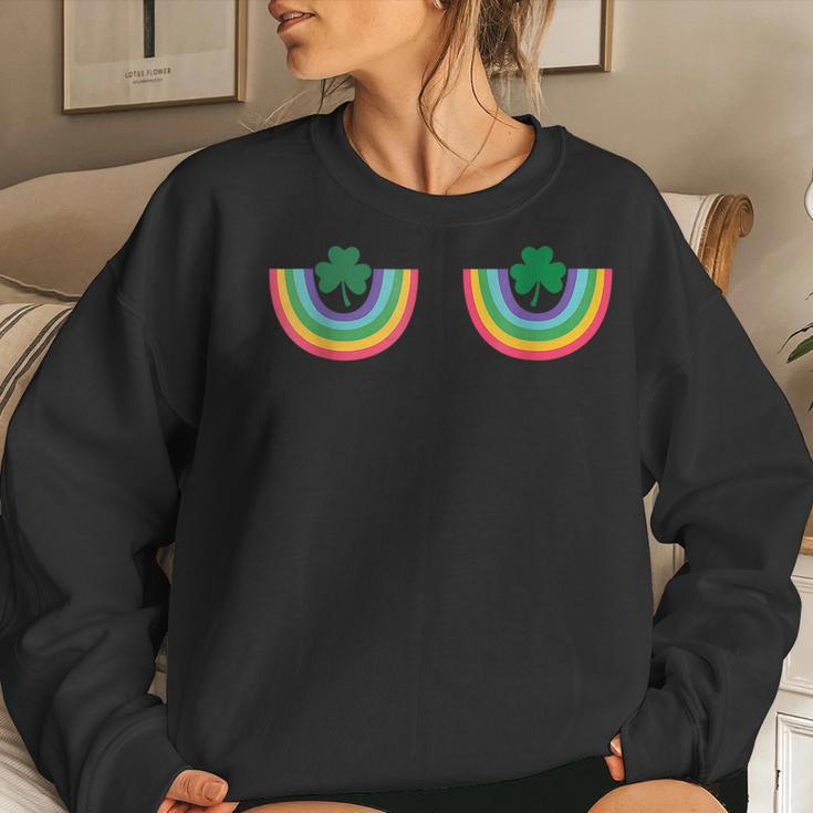 Irish Rainbow Shamrock Boobs St Patricks Saint Paddys Funny Women Crewneck Graphic Sweatshirt Gifts for Her