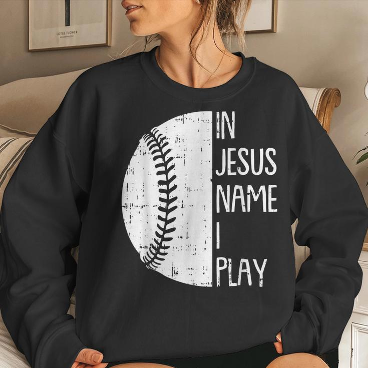 In Jesus Name Christmas Christian I Play Baseball Player Women Sweatshirt Gifts for Her