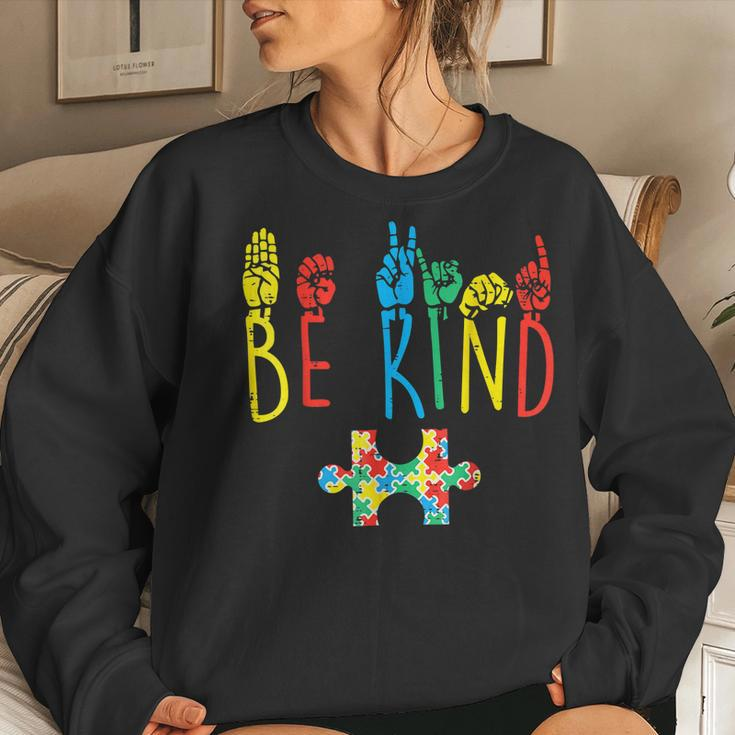 Be Kind Hand Sign Language Puzzle Autism Awareness Asl Mom Women Sweatshirt Gifts for Her