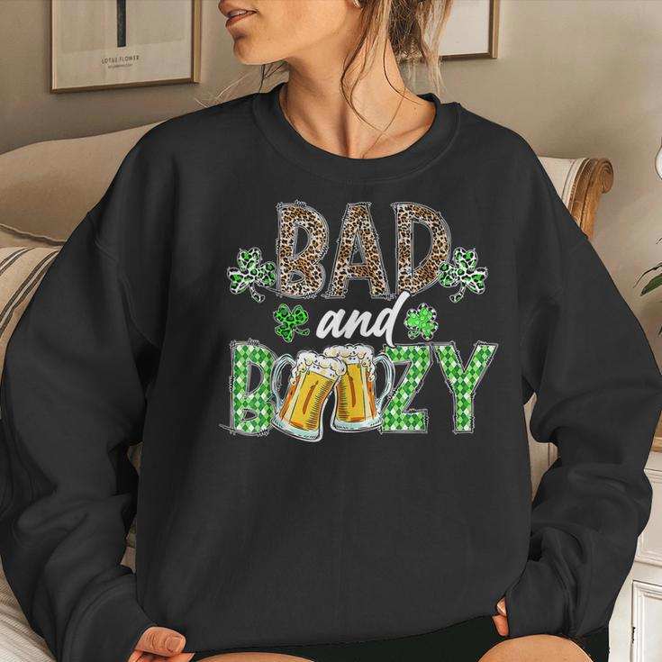 Leopard St Patricks Day Bad And Boozy Beer Drinking Irish Women Crewneck Graphic Sweatshirt Gifts for Her