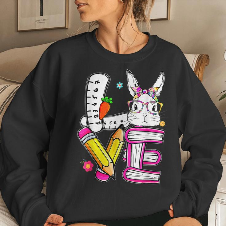 Love Easter Teacher Cute Bunny Face Happy Easter Women Crewneck Graphic Sweatshirt Gifts for Her