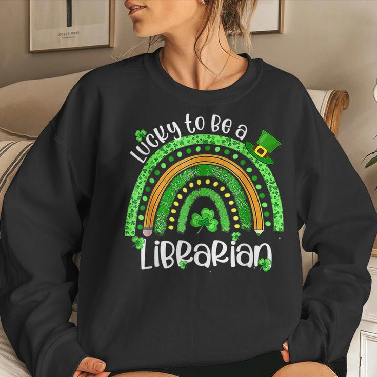 Lucky To Be A Librarian Rainbow Leopard St Patricks Day Women Crewneck Graphic Sweatshirt Gifts for Her