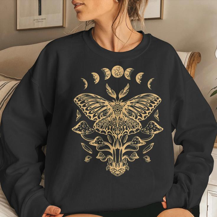 Luna Moth Phases Of The Moon Mushroom Cottagecore Women Crewneck Graphic Sweatshirt Gifts for Her