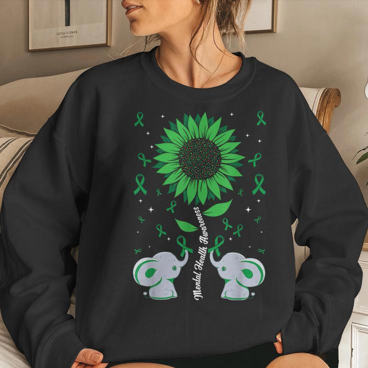 Mental Health Awareness Sunflower Elephant Green Ribbon Women Crewneck Graphic Sweatshirt Gifts for Her