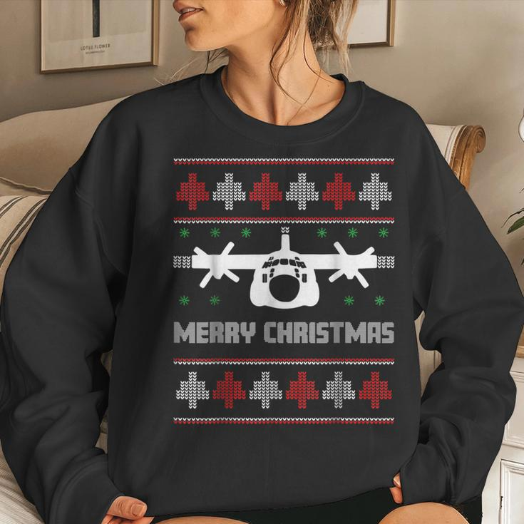 Military Airplane Ugly Christmas Sweater Army Veteran Xmas Women Crewneck Graphic Sweatshirt Gifts for Her