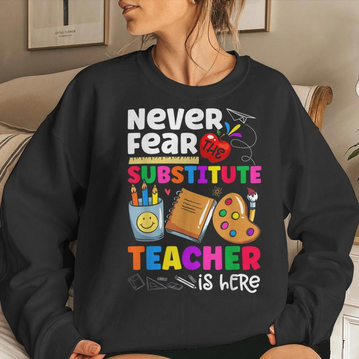 Never Fear The Substitute Teacher Is Here Funny Teacher Women Crewneck Graphic Sweatshirt Gifts for Her