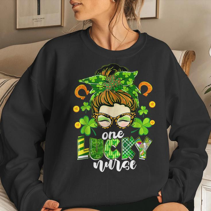 One Lucky Nurse Green Shamrock Messy Bun St Patricks Day Women Crewneck Graphic Sweatshirt Gifts for Her