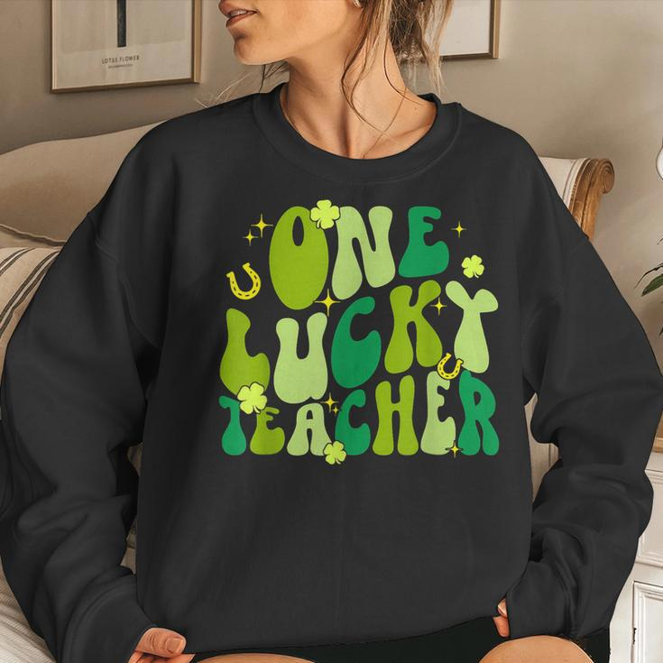 One Lucky Teacher Shamrock St Patricks Day Retro Groovy Women Crewneck Graphic Sweatshirt Gifts for Her
