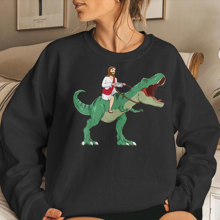 Parody Jesus Riding Dinosaur Meme Dino Lover Believer Women Sweatshirt Gifts for Her