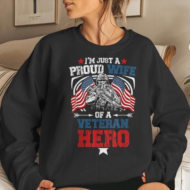 Proud Wife Veteran Hero Us Flag Vintage Veterans Day Husband Women Crewneck Graphic Sweatshirt Gifts for Her