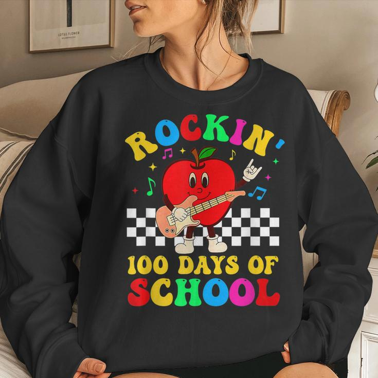 Retro Rockin 100 Days Of School Guitar Music Teacher Women Crewneck Graphic Sweatshirt Gifts for Her