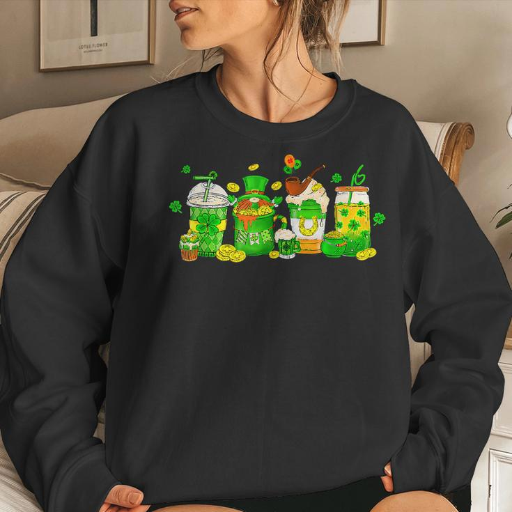 St Patricks Day Lucky Latte Coffee Cup Shamrock Coffee Lover Women Crewneck Graphic Sweatshirt Gifts for Her
