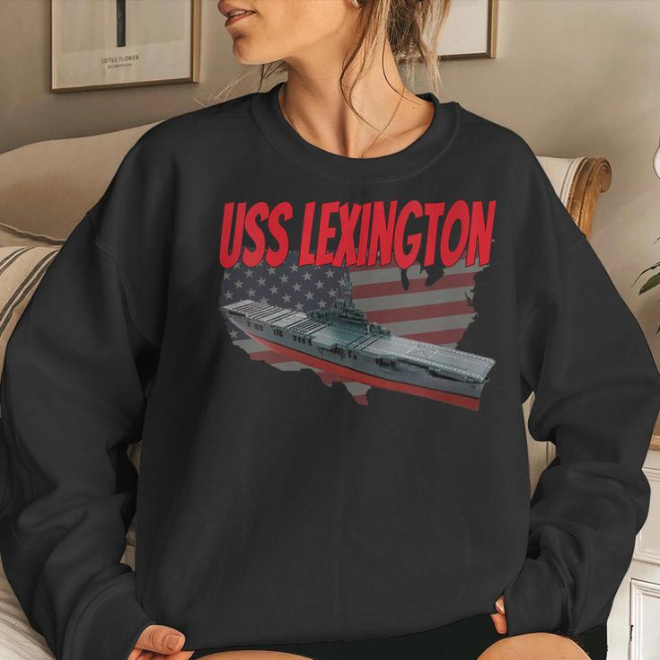 Womens Aircraft Carrier Uss Lexington Cv-16 Veteran Grandpa Dad Son Women Crewneck Graphic Sweatshirt Gifts for Her