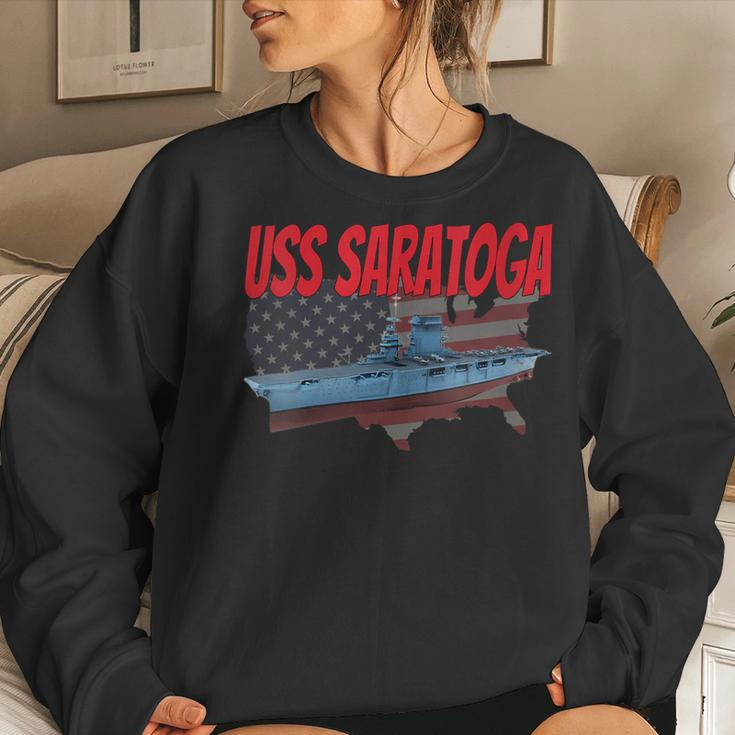 Womens Aircraft Carrier Uss Saratoga Cv-3 Veteran Grandpa Dad Son Women Crewneck Graphic Sweatshirt Gifts for Her