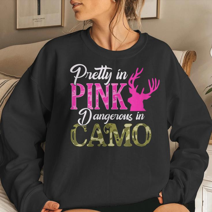 Womens Cute Camoflauge Pretty In Pink Dangerous In Camo Hunter Girl Women Crewneck Graphic Sweatshirt Gifts for Her