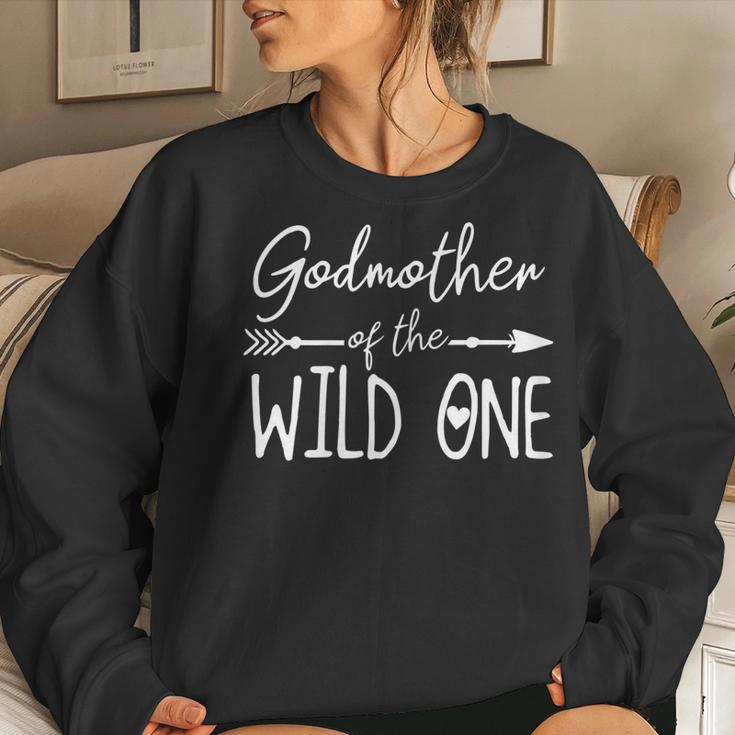 Womens Godmother Of The Wild One | 1St Birthday First Thing Family Women Crewneck Graphic Sweatshirt Gifts for Her