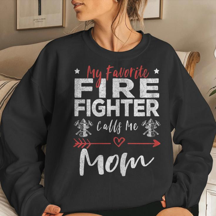 Womens My Favorite Firefighter Calls Me Mom Firefighter Mom Women Crewneck Graphic Sweatshirt Gifts for Her