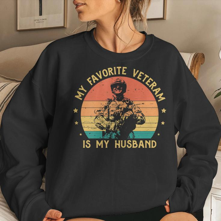 Womens Veteran Wife My Favorite Veteran Is My Husband Veterans Day Women Crewneck Graphic Sweatshirt Gifts for Her