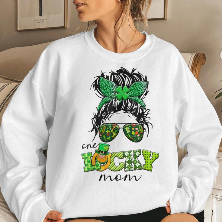 Bleached Shamrock One Lucky Mom Messy Bun St Patricks Day Women Crewneck Graphic Sweatshirt Gifts for Her