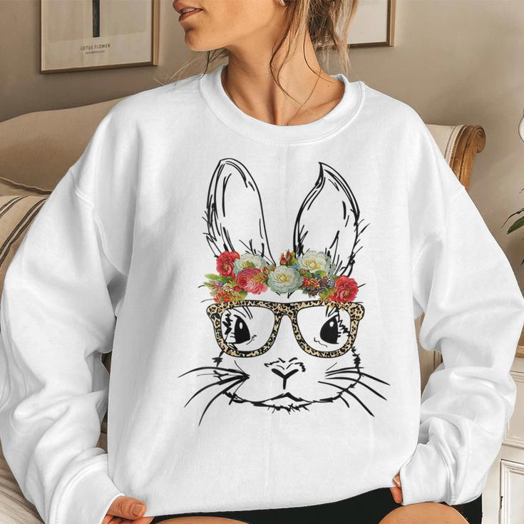 Cute Mom N Girls Easter Bunny With Glasses Leopard Print Women Sweatshirt Gifts for Her