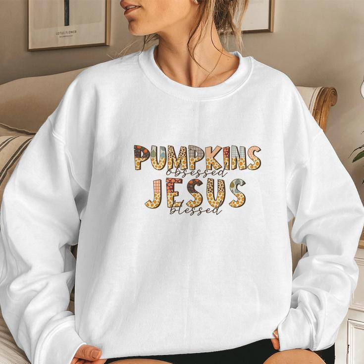 Fall Pumpkin Obsessed And Jesus Blessed Christian Autumn Gifts Women Crewneck Graphic Sweatshirt Gifts for Her