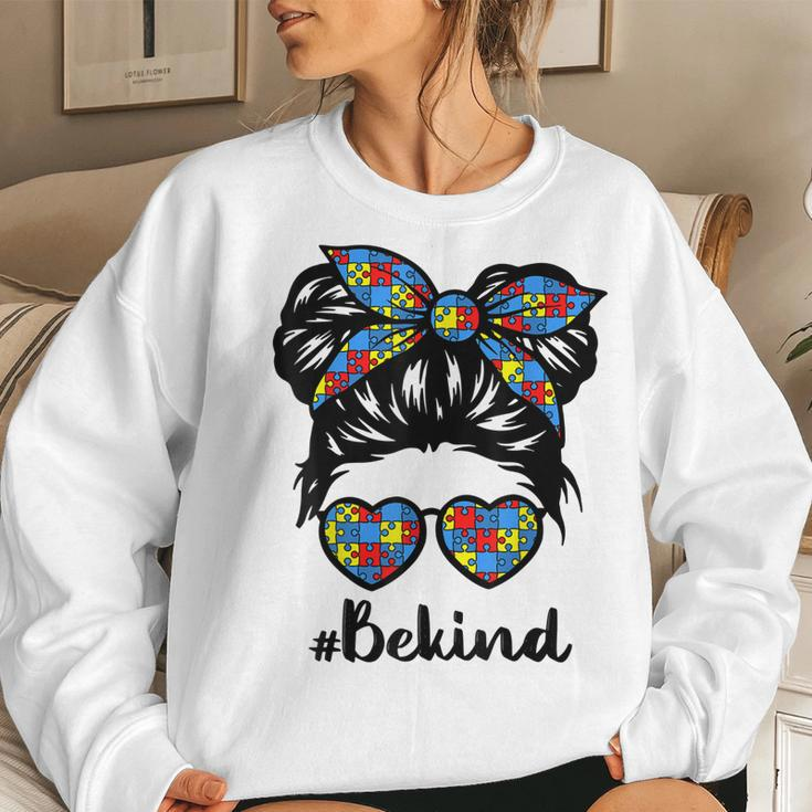 Be Kind Messy Bun Girls Kids Autism Awareness Kindness Month Women Sweatshirt Gifts for Her