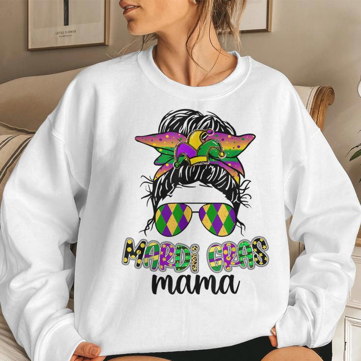Mardi Gras Mama Messy Bun Hair Glasses New Orleans Carnival Women Crewneck Graphic Sweatshirt Gifts for Her
