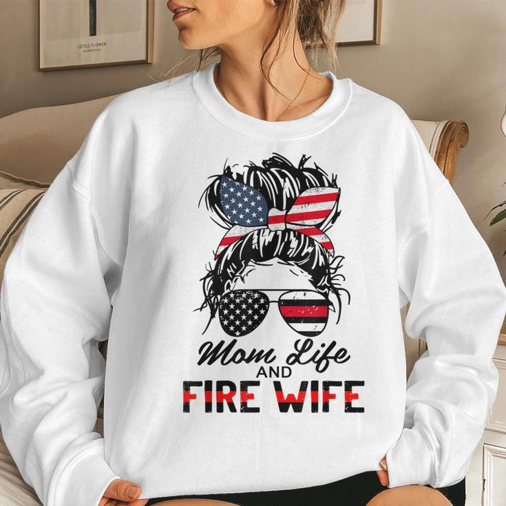 Mom Life And Fire Wife Firefighter American Flag 4Th Of July Women Crewneck Graphic Sweatshirt Gifts for Her