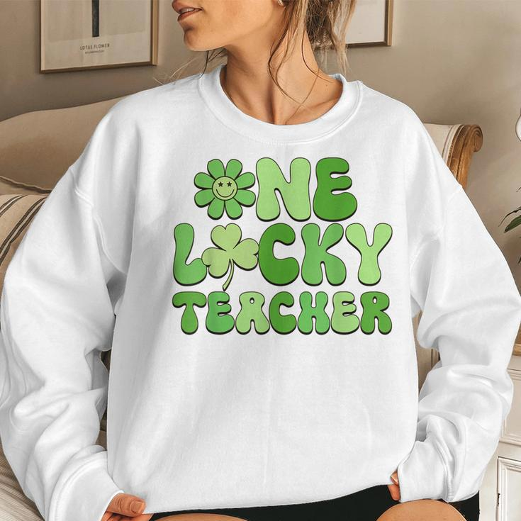One Lucky Teacher Retro Groovy Shamrock St Patricks Day Women Crewneck Graphic Sweatshirt Gifts for Her