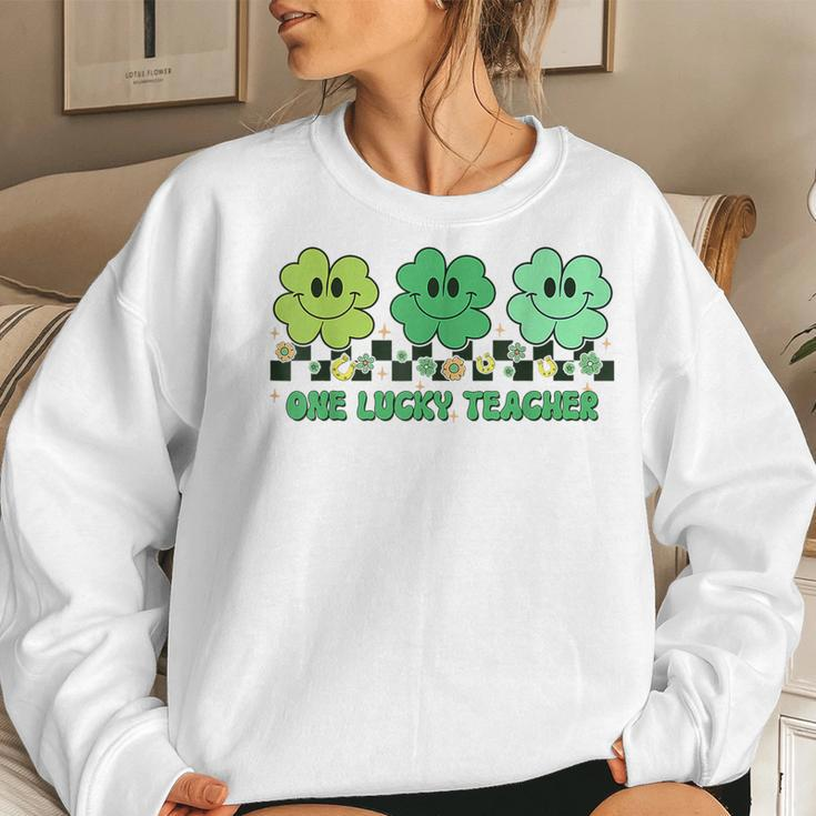 One Lucky Teacher Shamrock St Patricks Day Groovy Retro Women Crewneck Graphic Sweatshirt Gifts for Her