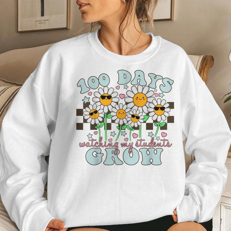Retro Groovy 100 Days Of Watching My Students Grow Teacher Women Crewneck Graphic Sweatshirt Gifts for Her