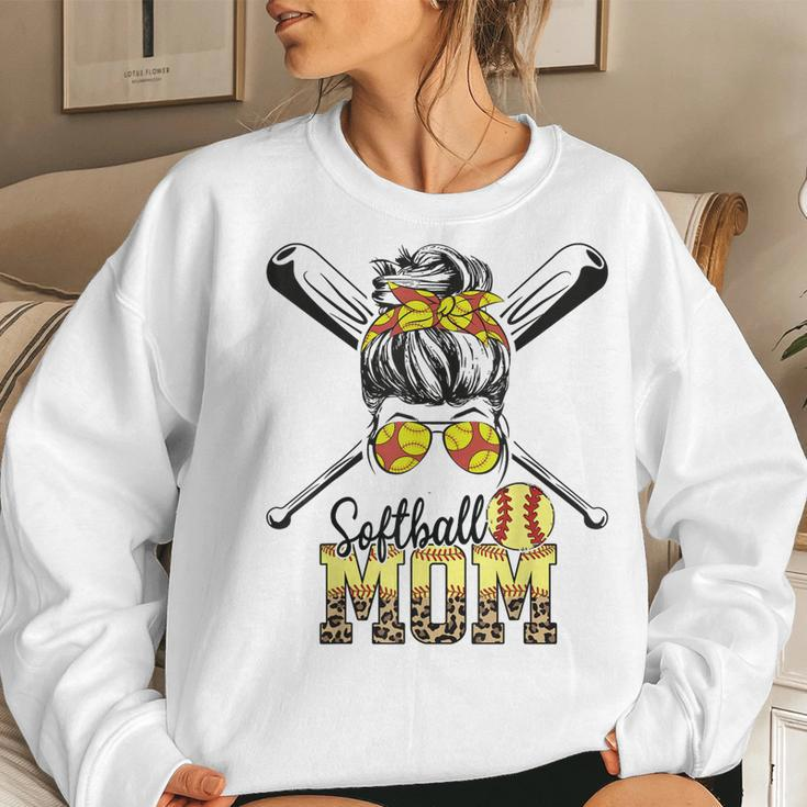 Softball Mom Messy Bun Leopard Softball 2023 Women Sweatshirt Gifts for Her