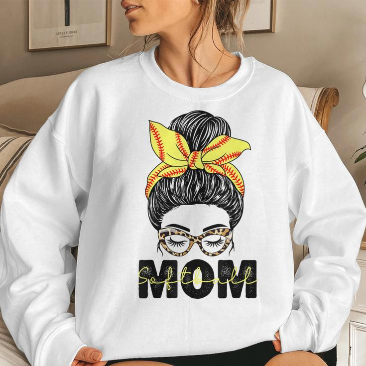 Softball Mom Messy Bun Women Leopard Pattern Softball Women Sweatshirt Gifts for Her