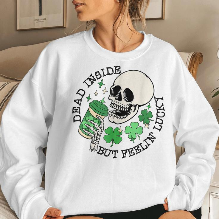 St Patricks Skeleton Coffee Dead Inside But Feelin Lucky Women Crewneck Graphic Sweatshirt Gifts for Her