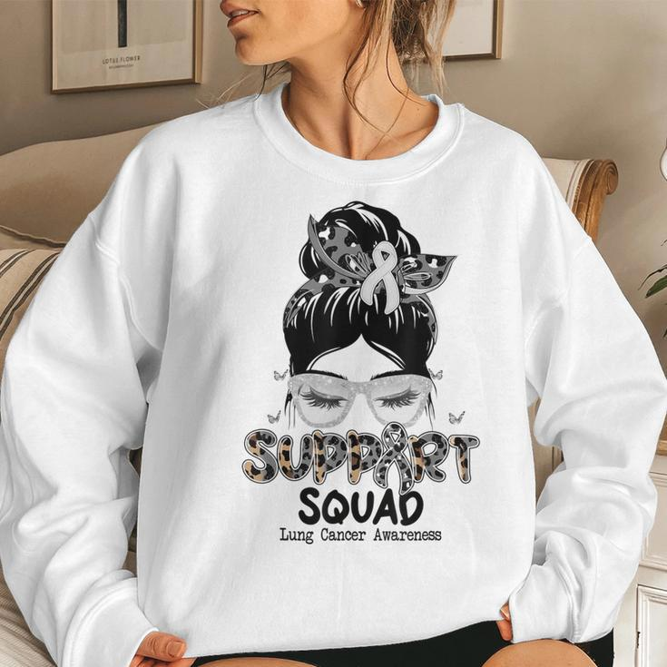 Support Squad Messy Bun Butterfly White Ribbon Lung Cancer Women Sweatshirt Gifts for Her