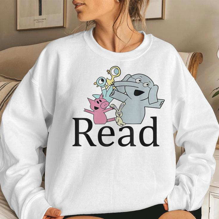 Teacher Library Read Book Club Piggie Elephant Pigeons Funny V3 Women Crewneck Graphic Sweatshirt Gifts for Her