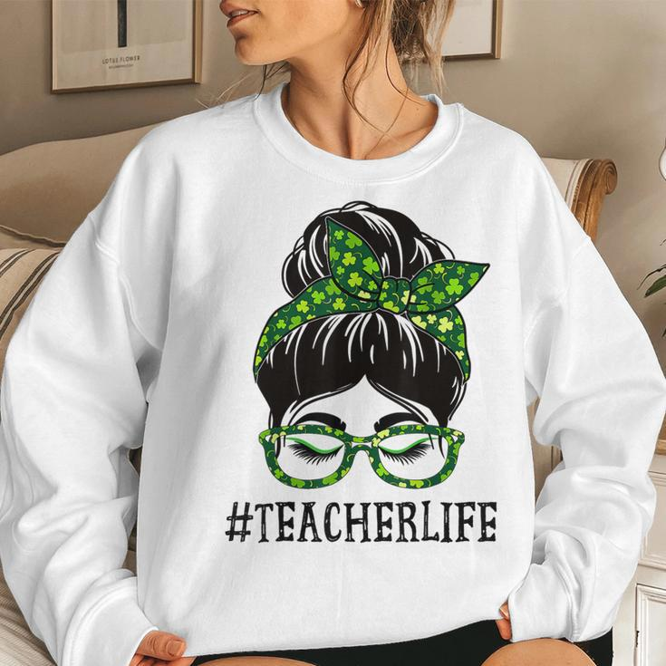 Teacher Women Messy Bun St Patricks Day Shamrock Women Crewneck Graphic Sweatshirt Gifts for Her