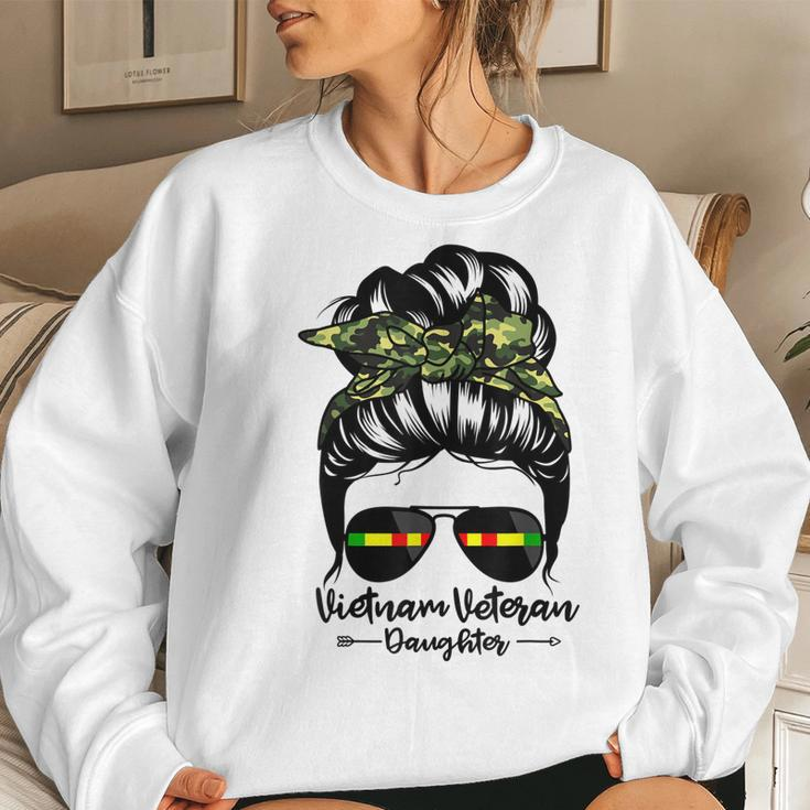 Vietnam Veteran Daughter Messy Bun Hair Funny Veteran Women Crewneck Graphic Sweatshirt Gifts for Her