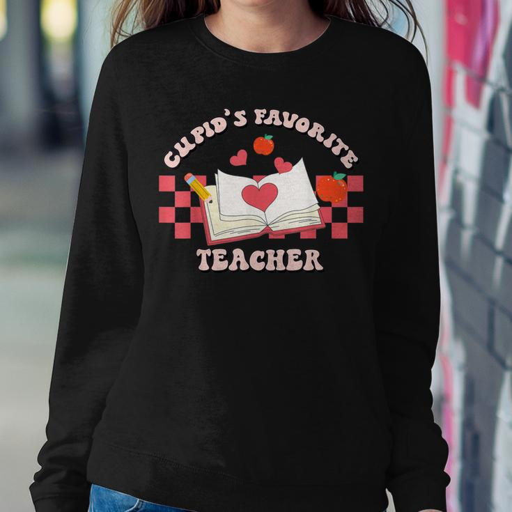 Cupids Favorite Teacher Happy Valentines Day Retro Groovy Women Crewneck Graphic Sweatshirt Funny Gifts
