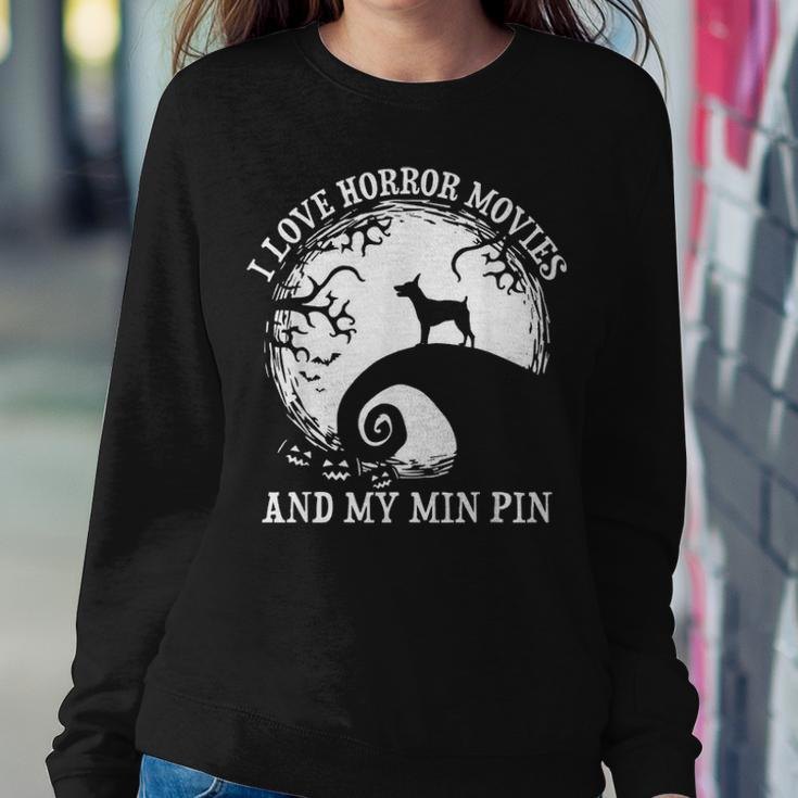 I Love Horror Movies And My Min Pin Dog Mom Dad Costume Women Crewneck Graphic Sweatshirt Funny Gifts