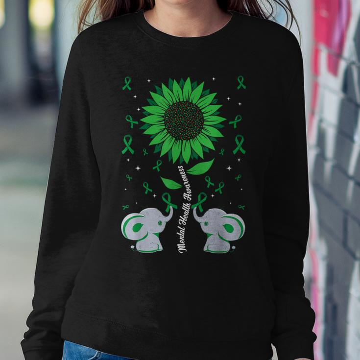 Mental Health Awareness Sunflower Elephant Green Ribbon Women Crewneck Graphic Sweatshirt Personalized Gifts