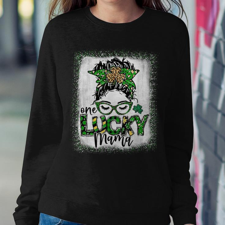 Messy Bun Leopard St Patricks Day One Lucky Mama Bleached Women Crewneck Graphic Sweatshirt Personalized Gifts