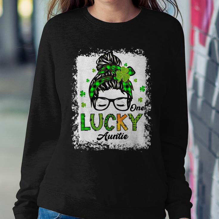 One Lucky Auntie Messy Bun Shamrock St Patricks Day Women Crewneck Graphic Sweatshirt Personalized Gifts