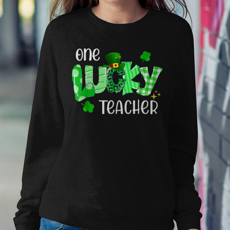 One Lucky Teacher Shamrock Clover Leopard St Patricks Day Women Crewneck Graphic Sweatshirt Funny Gifts