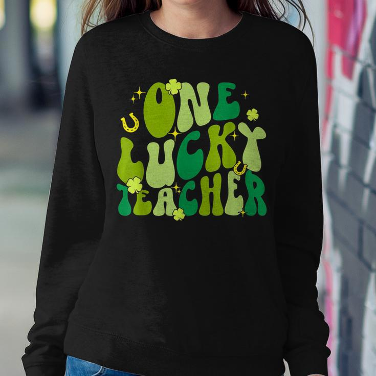 One Lucky Teacher Shamrock St Patricks Day Retro Groovy Women Crewneck Graphic Sweatshirt Funny Gifts