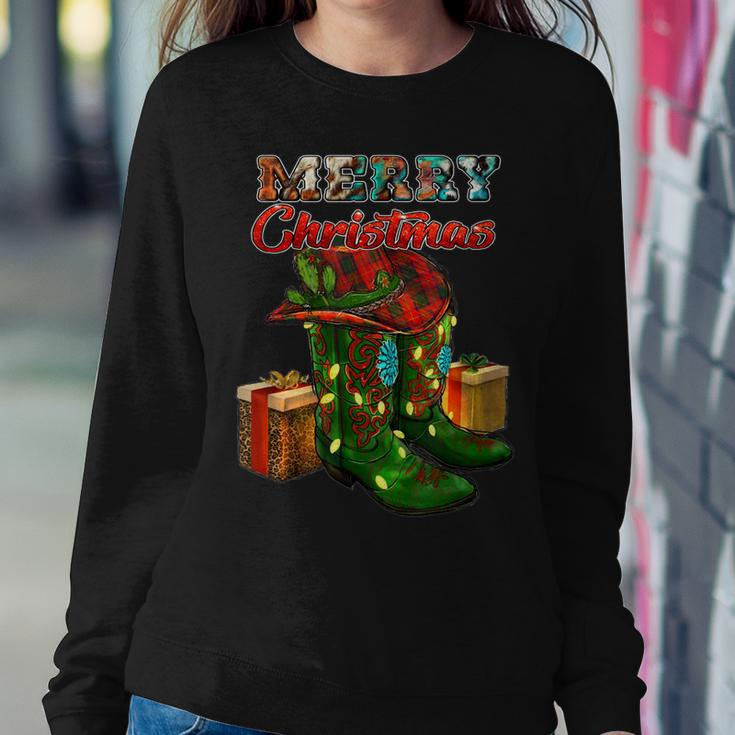 Western Texas Cow Print Cowboy Boots Hat Merry Christmas Women Sweatshirt Unique Gifts