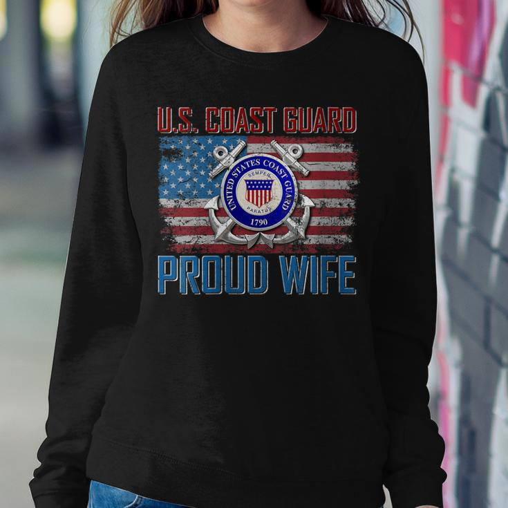 Womens US Coast Guard Proud Wife With American Flag Gift Veteran Women Crewneck Graphic Sweatshirt Funny Gifts